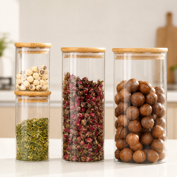 Glass Storage Canister with Bamboo Lid – Airtight Clear Glass Jar for Tea, Spices & Dry Food