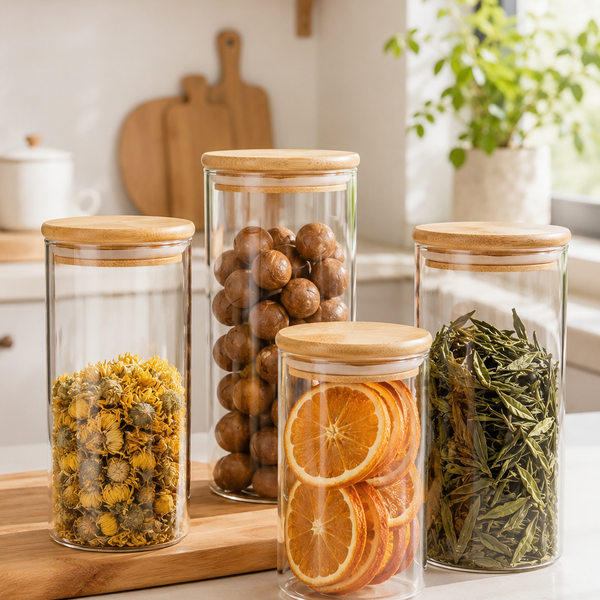 Glass Storage Canister with Bamboo Lid – Airtight Clear Glass Jar for Tea, Spices & Dry Food