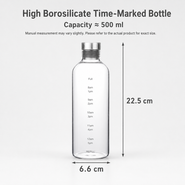 High Borosilicate Glass Water Bottle With Time Markings – Airtight Leakproof Clear Glass Drinks Bottle