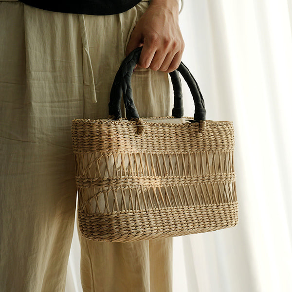 Large Sea Grass Woven Tote Bag – Natural Handmade Style Beach Bag with Polyester Lining