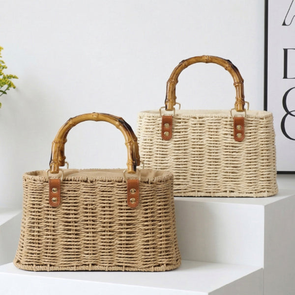 Minimalist Woven Straw Mini Square Bag – Medium Size Handbag with Stitching Detail