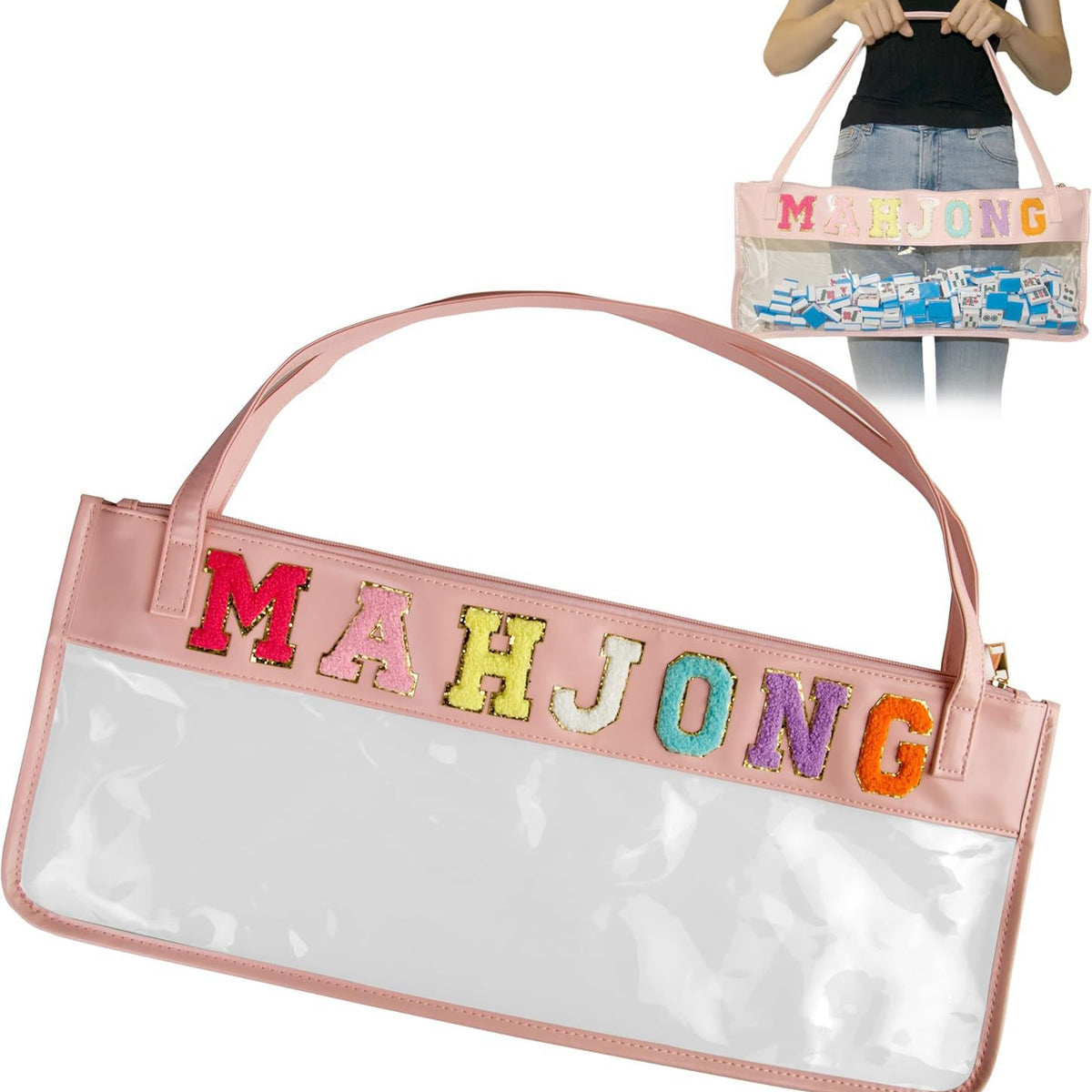 Large Mahjong Storage Bag – Waterproof PVC Travel Organizer with Letter Design for Mahjong Sets & Accessories