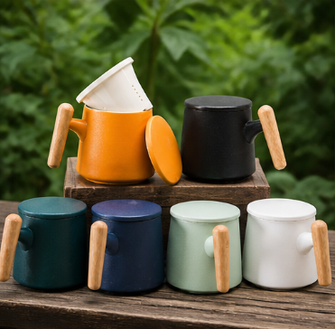 Wooden Handle Ceramic Mug – Rustic Stoneware Tea Cup with Infuser Lid for Loose Leaf Tea & Coffee