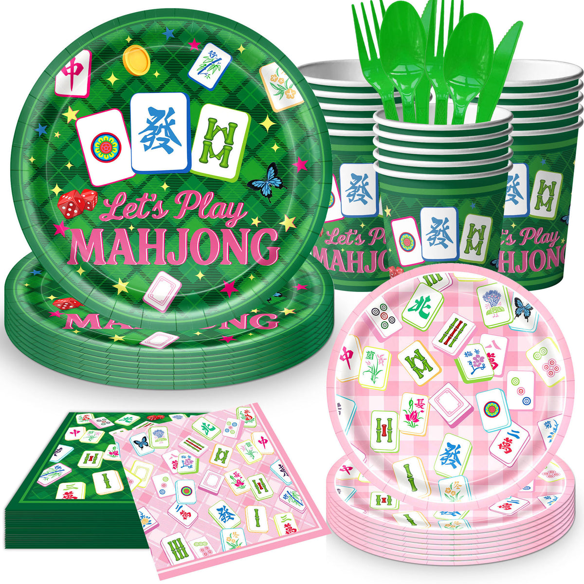 Mahjong Party Supplies Set – Disposable Paper Plates & Cups for Asian Game Night Decoration