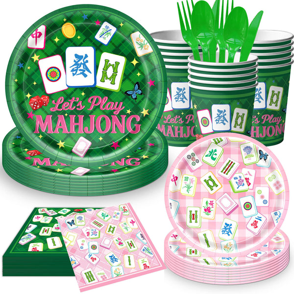 Mahjong Party Supplies Set – Disposable Paper Plates & Cups for Asian Game Night Decoration