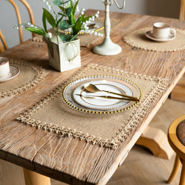 Farmhouse Vintage Jute Placemat with Tassels, Round Bowl Mat, Rectangular Heat Resistant Table Mat & Napkin