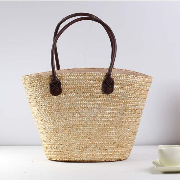 Embroidered Woven Straw Shoulder Bag – Medium Dumpling Shape Handbag with Zipper Closure