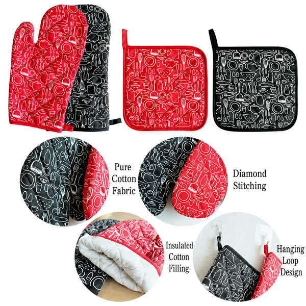Kitchen Oven Mitt Set, Heat-Resistant Baking Gloves and Pads