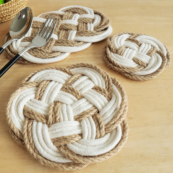 Handwoven Round Trivet, Cotton Linen Heat Resistant Table Mat & Coaster