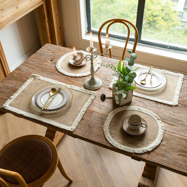 Farmhouse Vintage Jute Placemat with Tassels, Round Bowl Mat, Rectangular Heat Resistant Table Mat & Napkin