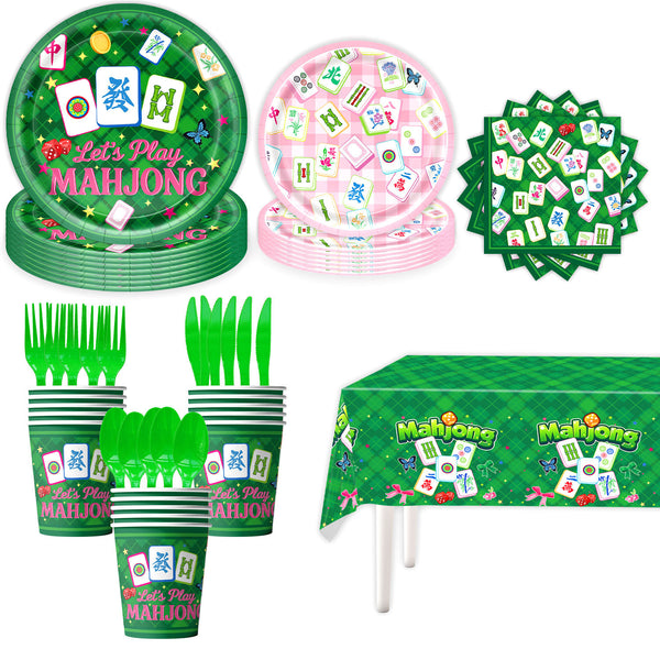 Mahjong Party Supplies Set – Disposable Paper Plates & Cups for Asian Game Night Decoration