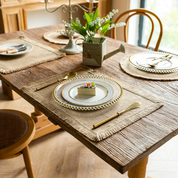 Farmhouse Vintage Jute Placemat with Tassels, Round Bowl Mat, Rectangular Heat Resistant Table Mat & Napkin