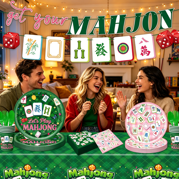 Mahjong Party Supplies Set – Disposable Paper Plates & Cups for Asian Game Night Decoration