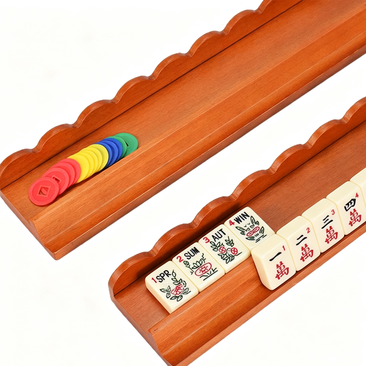 Wooden Mahjong Rack Set – Lightweight Tile Holder with Magnetic Pushers for American Mahjong Games