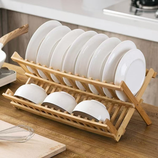 Foldable Bamboo Dish Rack Kitchen Drying Organizer