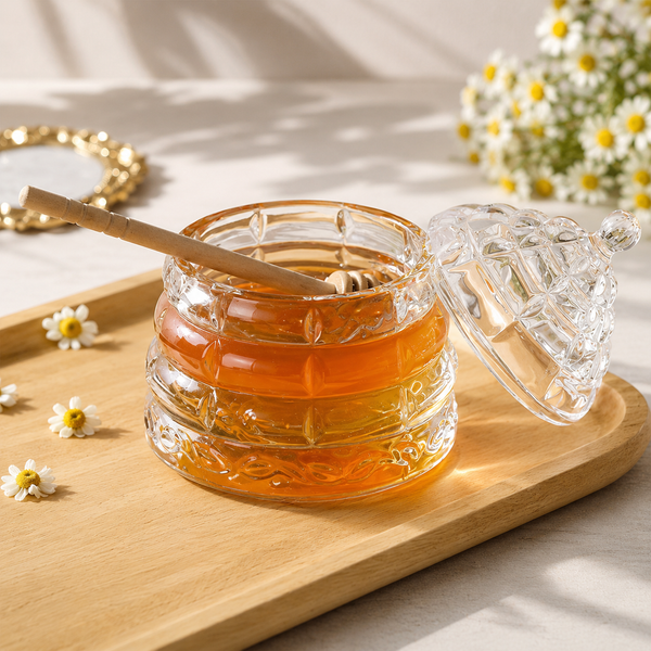 Glass Honey Jar with Wooden Dipper – Syrup & Sugar Storage Container