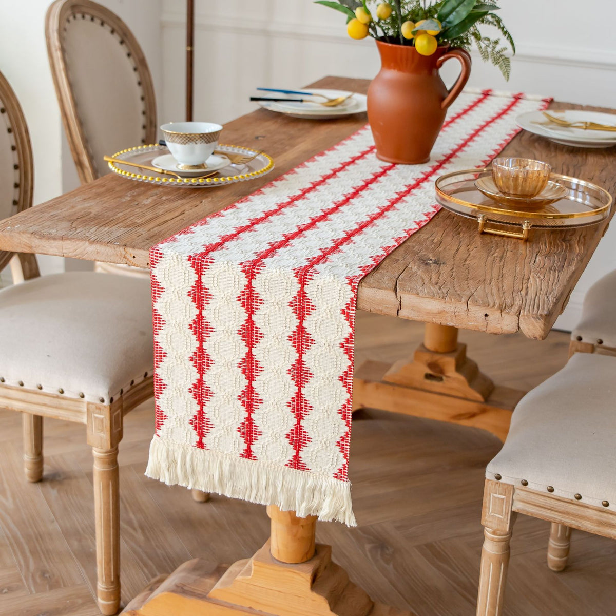 Boho Tassel Table Runner, Cotton Linen Crochet Woven Table Decor for Parties and Home Styling