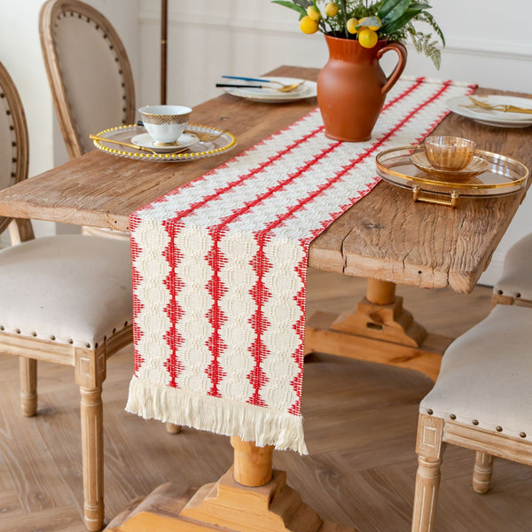 Boho Tassel Table Runner, Cotton Linen Crochet Woven Table Decor for Parties and Home Styling