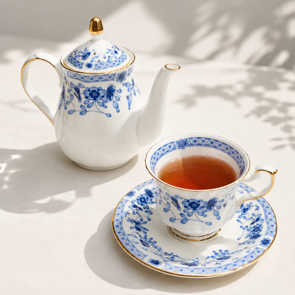 Luxury Porcelain Coffee Set – Blue Floral & Gold Trim Cups for Tea & Coffee