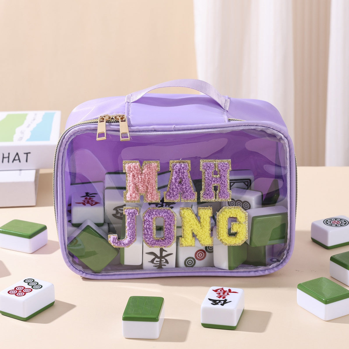 Large Mahjong Storage Bag – Waterproof PVC Travel Organizer with Letter Design for Mahjong Sets & Accessories