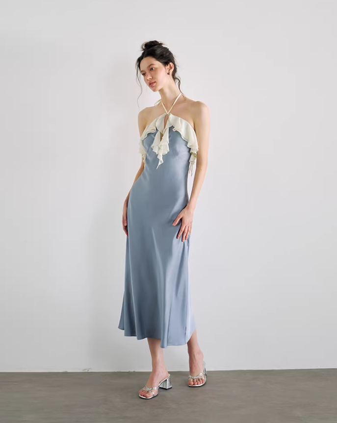 Satin Bloom Halter Maxi Dress