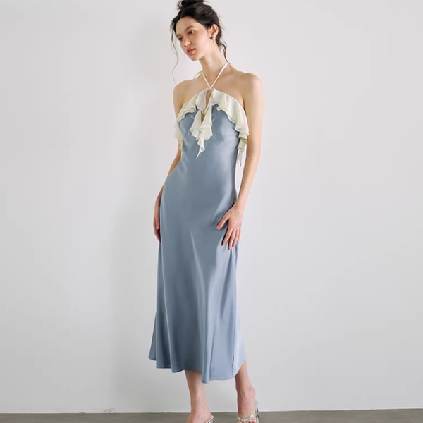 Satin Bloom Halter Maxi Dress