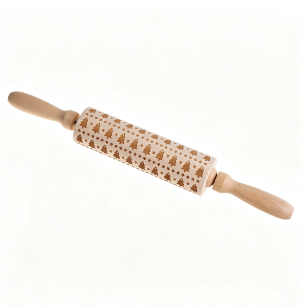 Christmas Wooden Embossing Rolling Pin – Engraved Cookie Dough Roller for Holiday Baking & DIY Crafts