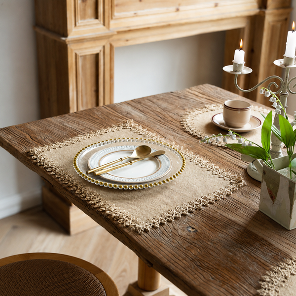 Farmhouse Vintage Jute Placemat with Tassels, Round Bowl Mat, Rectangular Heat Resistant Table Mat & Napkin