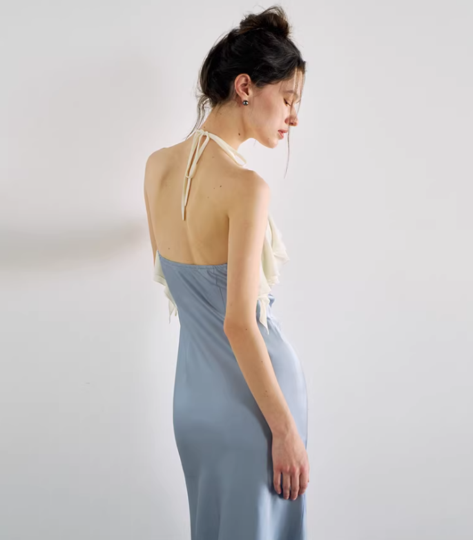 Satin Bloom Halter Maxi Dress