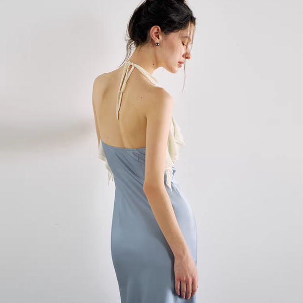 Satin Bloom Halter Maxi Dress