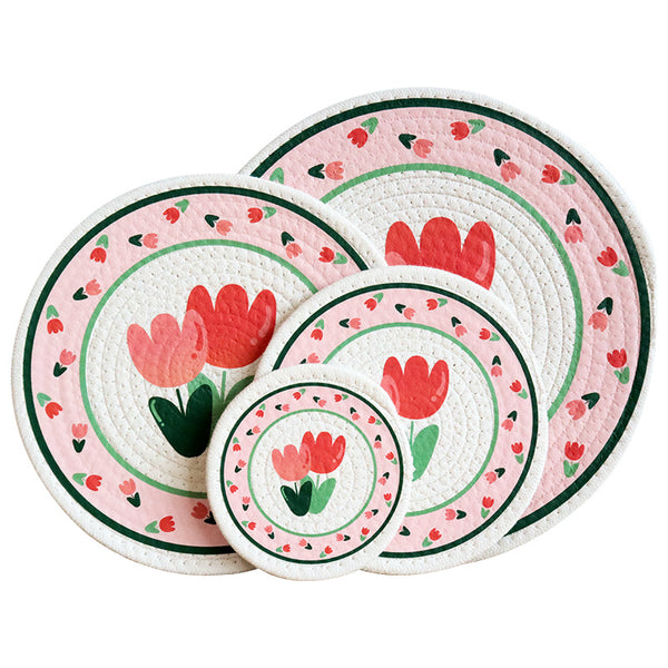 Nordic Tulip Print Woven Cotton Rope Trivet, Heat Resistant Table Mat & Coaster