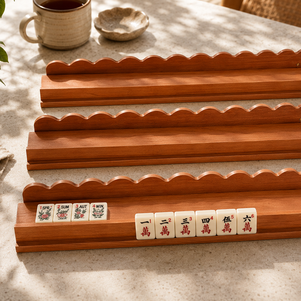 Wooden Mahjong Rack Set – Lightweight Tile Holder with Magnetic Pushers for American Mahjong Games