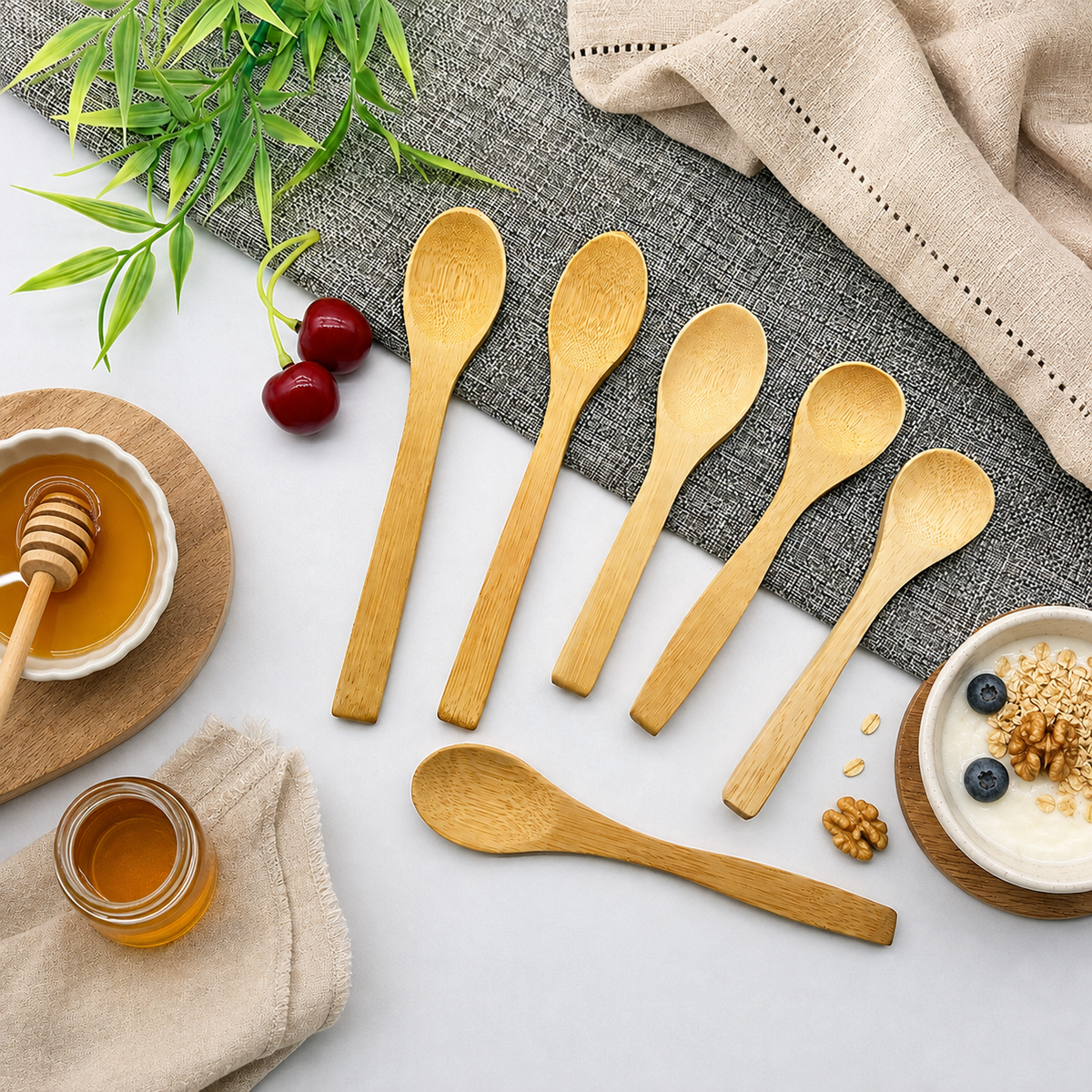 Natural Wooden Spoon Set | Long Handle Bamboo Honey Coffee Stirring Spoon for Kitchen