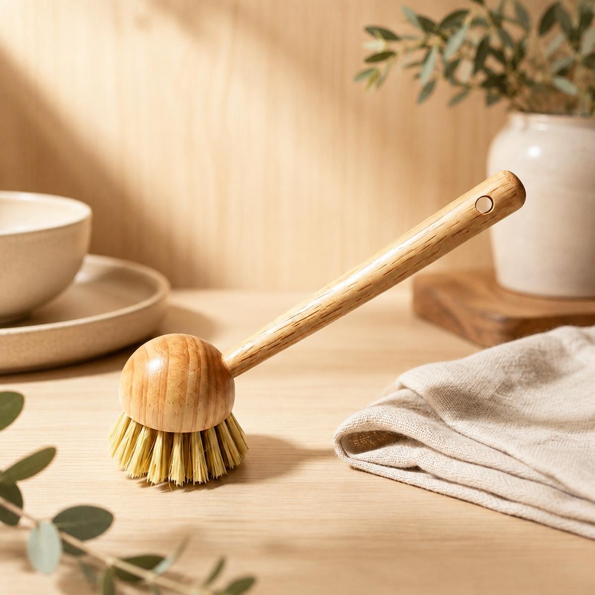 Natural Wooden Pot Brush | Eco-Friendly Kitchen Scrub Brush with Fiber Bristles