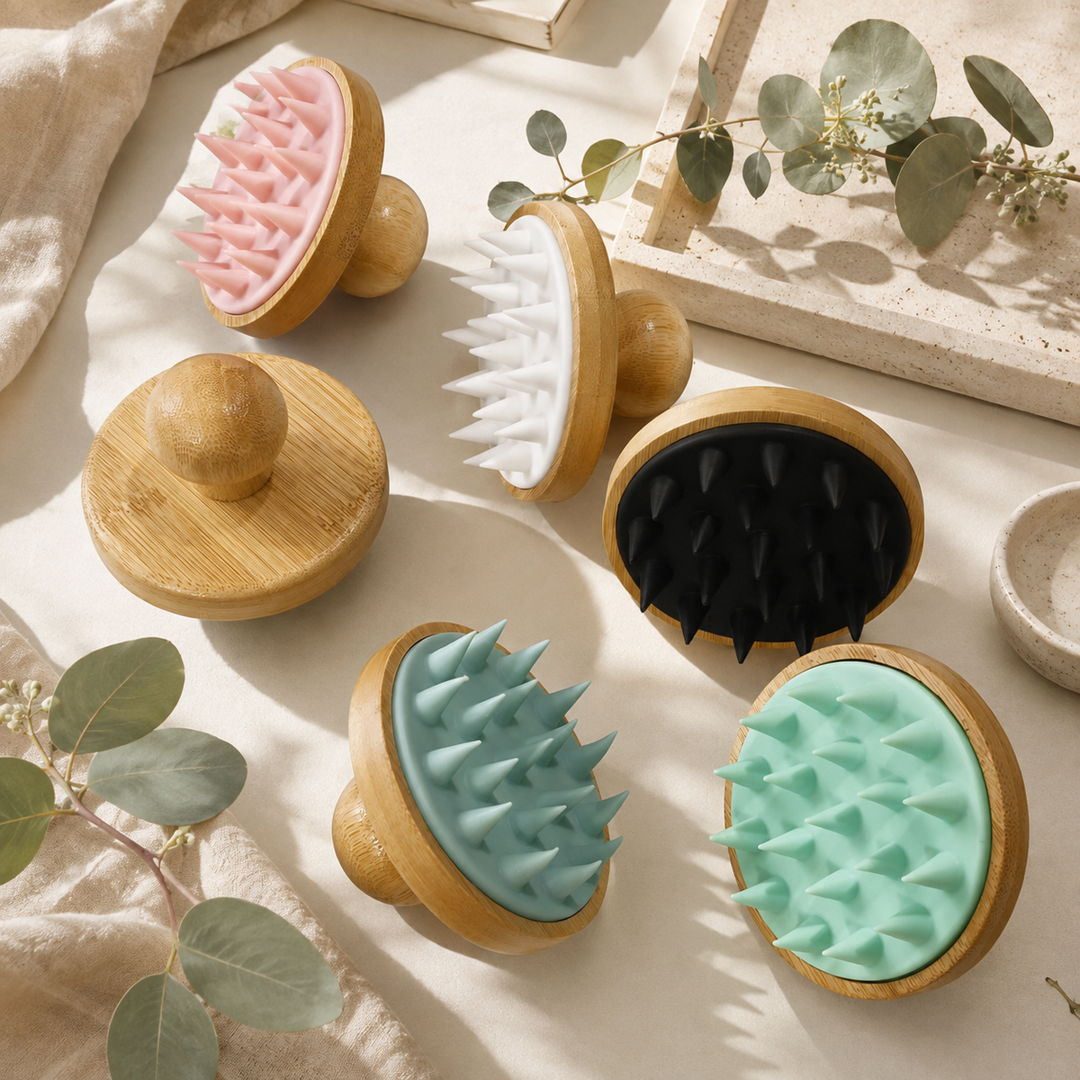 Bamboo Scalp Massage Brush | Silicone Shampoo Brush for Hair Washing & Scalp Care