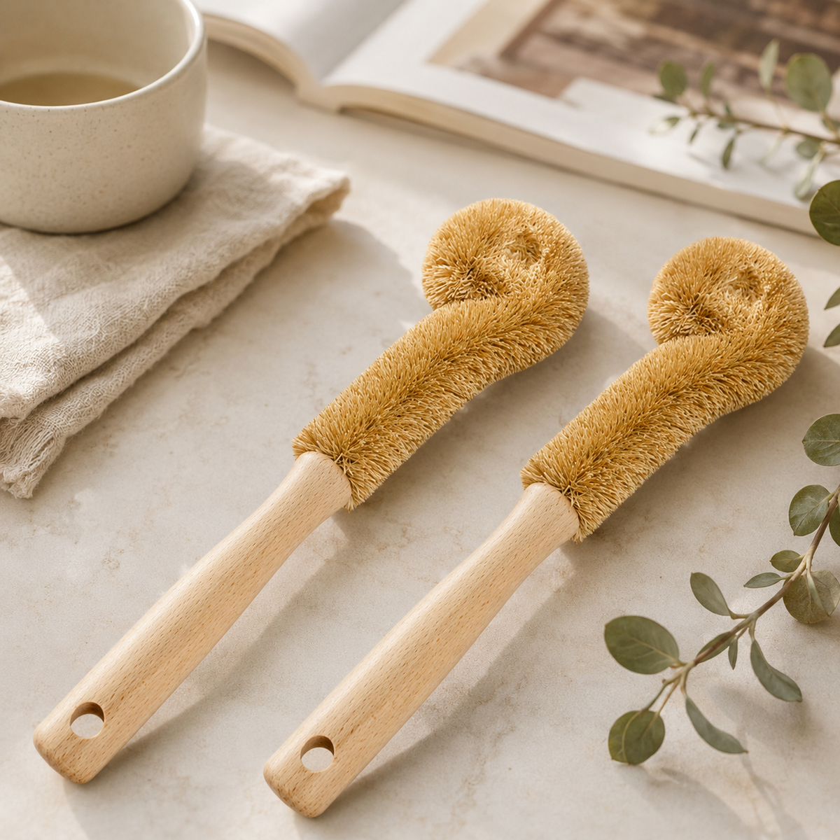 Natural Coconut Fiber Cup Brush | Wooden Handle Bottle Cleaner for Kitchen Cleaning