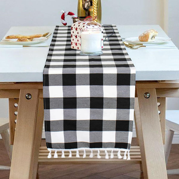 Buffalo Plaid Table Runner, Black White Tassel Dining Table Cover