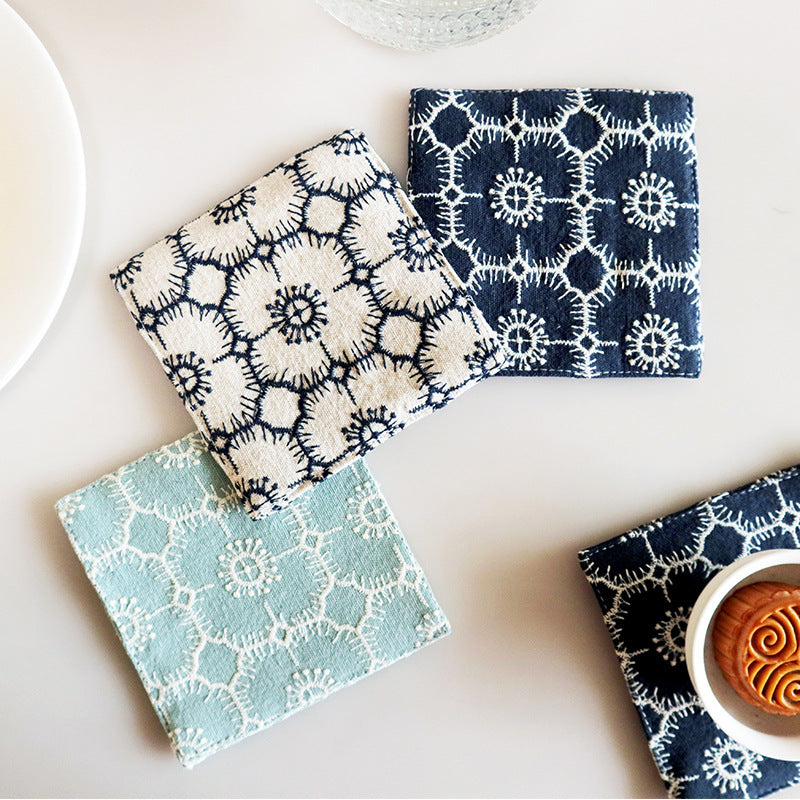 Embroidered Cotton Linen Coaster, Double-Layer Tea Cup Mat