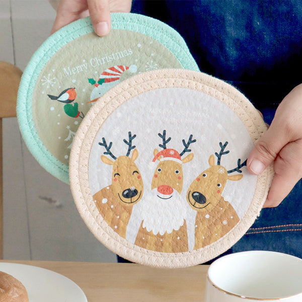 Round Christmas Cotton Rope Trivet, Heat Resistant Table Mat & Cup Coaster
