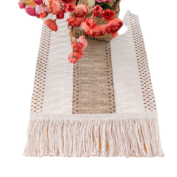 Boho Tassel Table Runner, Cotton Linen Crochet Woven Table Decor for Parties and Home Styling