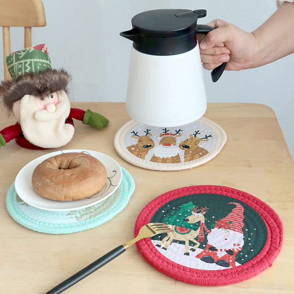 Round Christmas Cotton Rope Trivet, Heat Resistant Table Mat & Cup Coaster