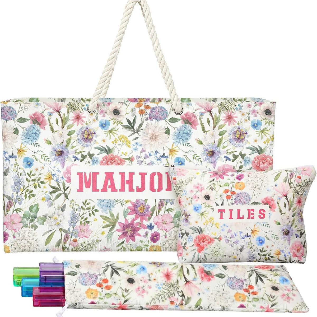 American Mahjong Storage Bag Set, Beige Floral Print 3-Piece Organizer