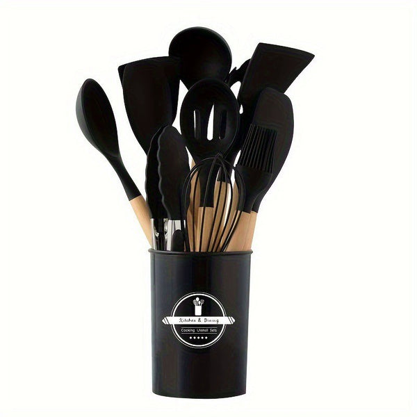 12-Piece Silicone Kitchen Utensil Set with Wooden Handles for Nonstick Cookware