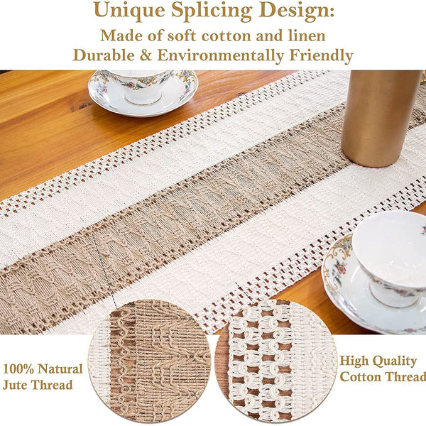 Boho Tassel Table Runner, Cotton Linen Crochet Woven Table Decor for Parties and Home Styling