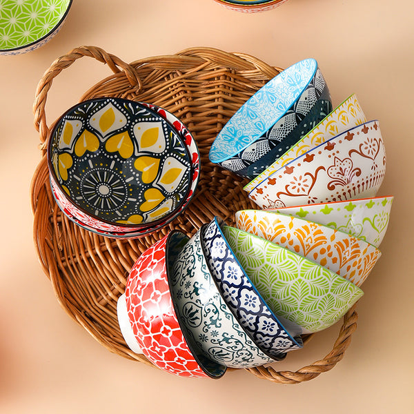 Bohemian Ceramic Pedestal Bowl – Underglaze Rice & Soup Bowl