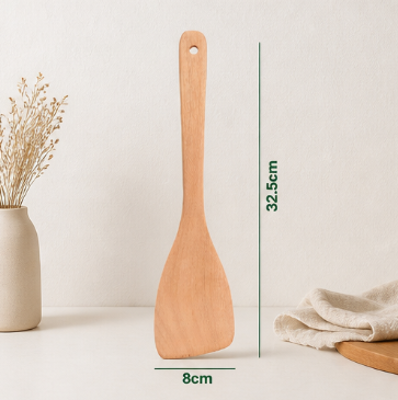 Hevea Wood Cooking Spatula – Uncoated Non-Stick Safe Long Handle Heat-Resistant Solid Wood Kitchen Utensil