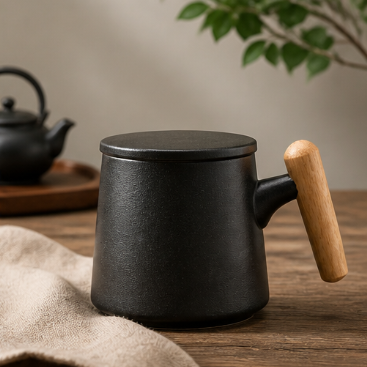 Wooden Handle Ceramic Mug – Rustic Stoneware Tea Cup with Infuser Lid for Loose Leaf Tea & Coffee