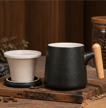 Wooden Handle Ceramic Mug – Rustic Stoneware Tea Cup with Infuser Lid for Loose Leaf Tea & Coffee