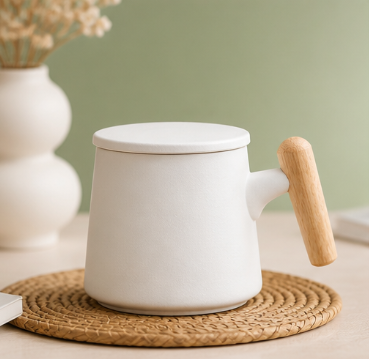 Wooden Handle Ceramic Mug – Rustic Stoneware Tea Cup with Infuser Lid for Loose Leaf Tea & Coffee