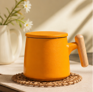 Wooden Handle Ceramic Mug – Rustic Stoneware Tea Cup with Infuser Lid for Loose Leaf Tea & Coffee